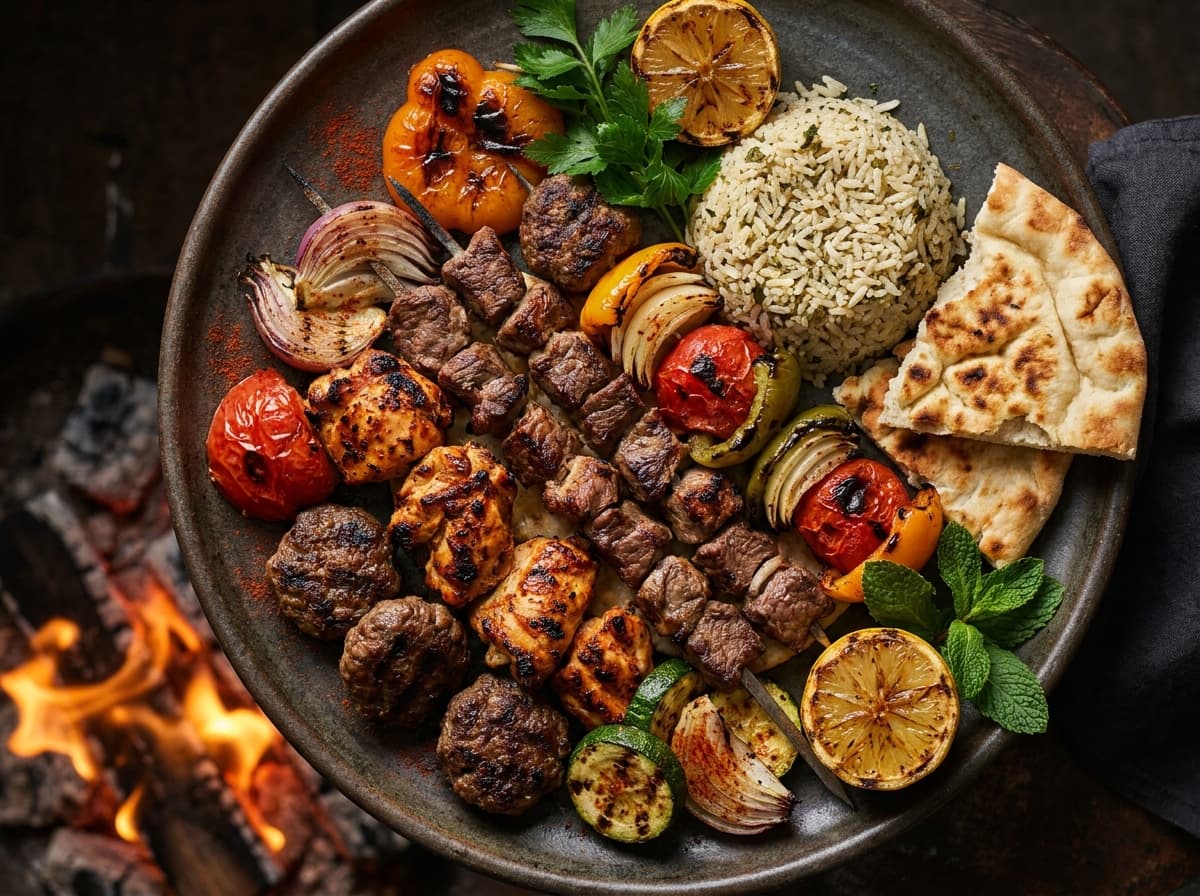 Frisch zubereitete Gerichte mit Fleisch, Beilagen und Brot